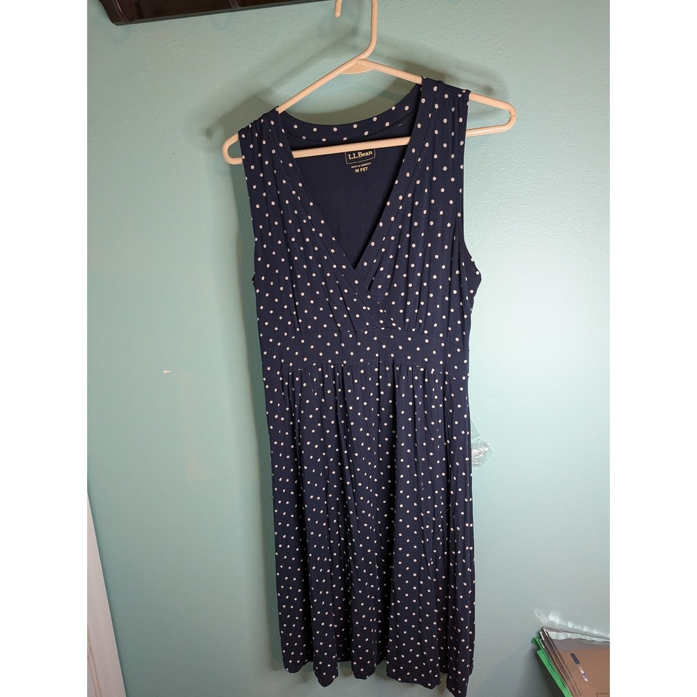 LL Bean Navy Polka Dot‎ Sleeveless V-Neck Fit & Flare Dress Petite Medium 502059